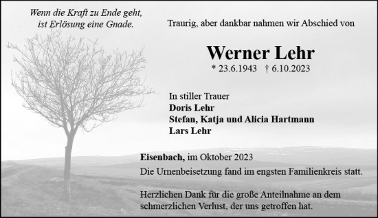Traueranzeige von Werner Lehr von Camberger Anzeiger