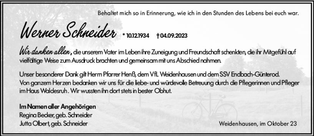  Traueranzeige für Werner Schneider vom 14.10.2023 aus Hinterländer Anzeiger
