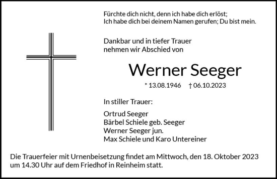 Traueranzeige von Werner Seeger von Darmstädter Echo