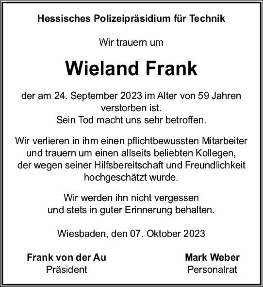  Traueranzeige für Wieland Frank vom 07.10.2023 aus Wiesbadener Kurier
