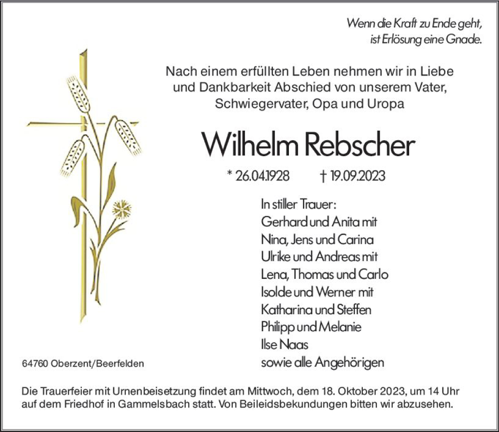  Traueranzeige für Wilhelm Rebscher vom 14.10.2023 aus Odenwälder Echo