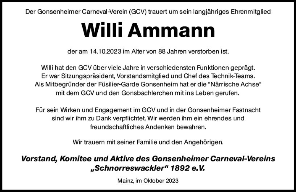  Traueranzeige für Willi Ammann vom 18.10.2023 aus Allgemeine Zeitung Mainz