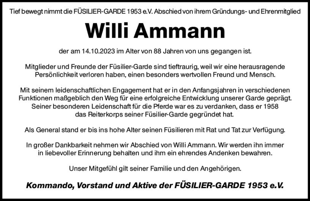  Traueranzeige für Willi Ammann vom 18.10.2023 aus Allgemeine Zeitung Mainz