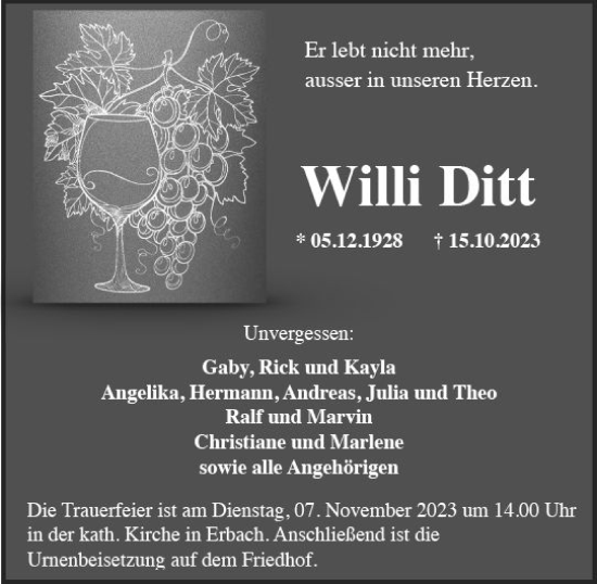 Traueranzeige von Willi Ditt von Rheingau Kurier