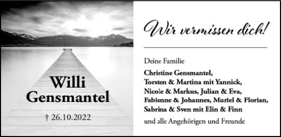 Traueranzeige von Willi Gensmantel von Darmstädter Echo