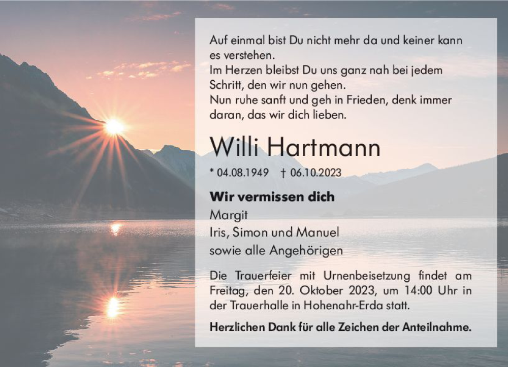  Traueranzeige für Willi Hartmann vom 12.10.2023 aus Wetzlarer Neue Zeitung