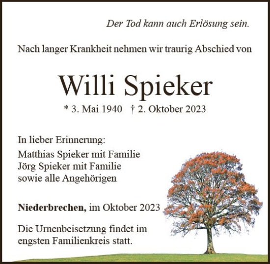 Traueranzeige von Willi Spieker von Camberger Anzeiger