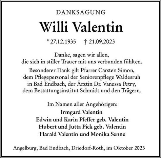 Traueranzeige von Willi Valentin von Hinterländer Anzeiger