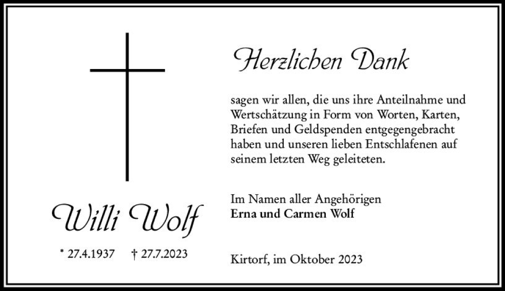  Traueranzeige für Willi Wolf vom 21.10.2023 aus VRM Trauer