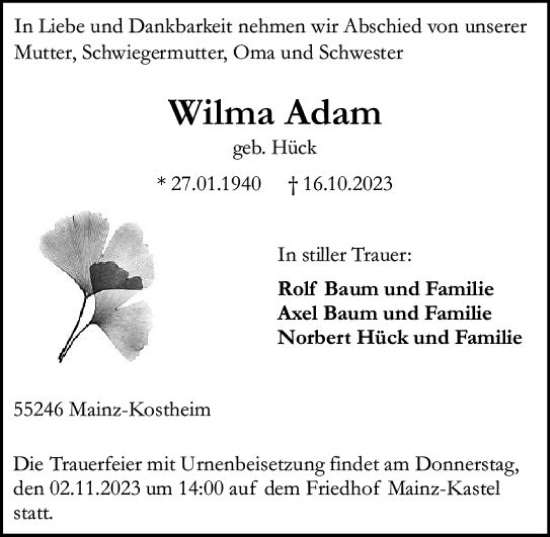 Traueranzeige von Wilma Adam von Allgemeine Zeitung Mainz