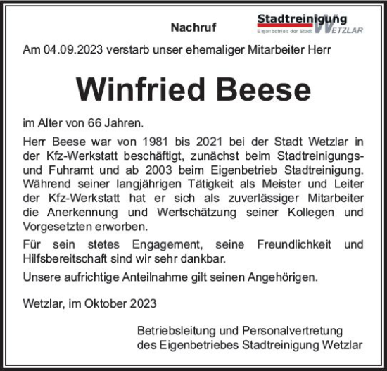 Traueranzeige von Winfried Beese von Wetzlarer Neue Zeitung