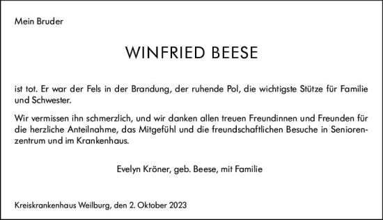 Traueranzeige von Winfried Beese von Wetzlarer Neue Zeitung