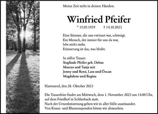 Traueranzeige von Winfried Pfeifer von Hinterländer Anzeiger