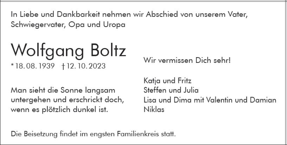  Traueranzeige für Wolfgang Boltz vom 21.10.2023 aus Darmstädter Echo