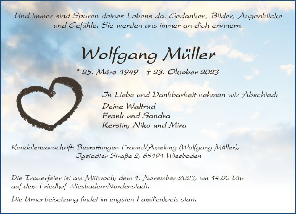  Traueranzeige für Wolfgang Müller vom 28.10.2023 aus Wiesbadener Kurier