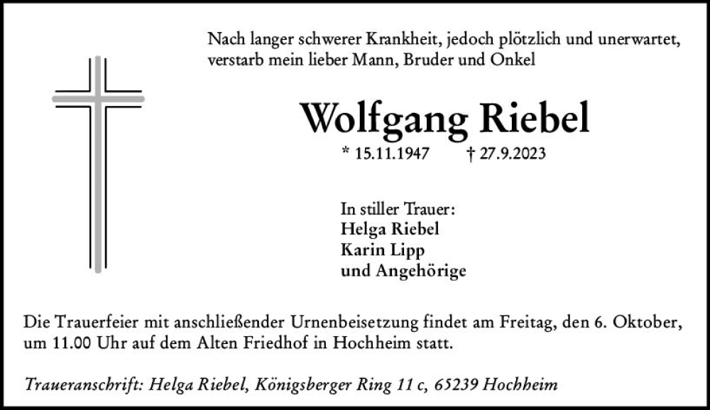  Traueranzeige für Wolfgang Riebel vom 04.10.2023 aus Allgemeine Zeitung Mainz