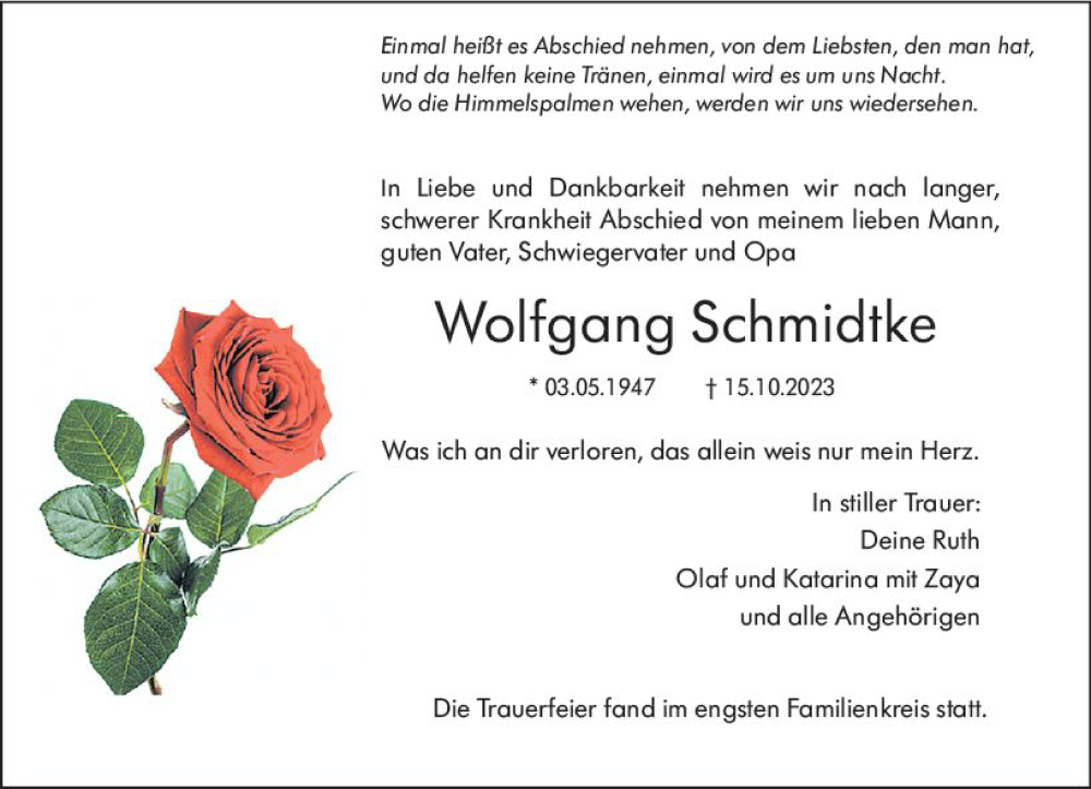  Traueranzeige für Wolfgang Schmidtke vom 28.10.2023 aus Odenwälder Echo