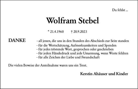 Traueranzeige von Wolfram Stebel von Wetzlarer Neue Zeitung