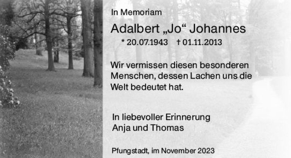  Traueranzeige für Adalbert Johannes vom 01.11.2023 aus Darmstädter Echo