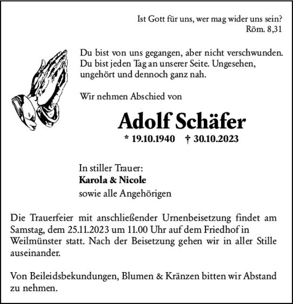  Traueranzeige für Adolf Schäfer vom 22.11.2023 aus Weilburger Tageblatt