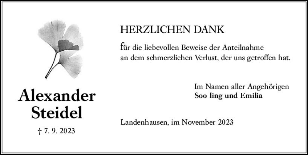  Traueranzeige für Alexander Steidel vom 04.11.2023 aus Oberhessen Kurier