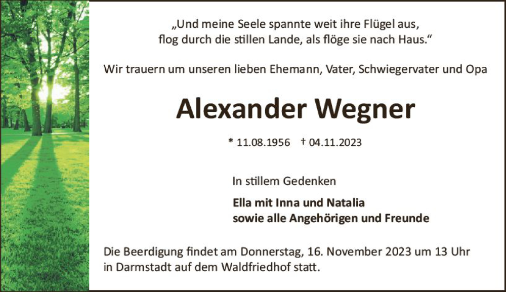  Traueranzeige für Alexander Wegner vom 11.11.2023 aus Darmstädter Echo
