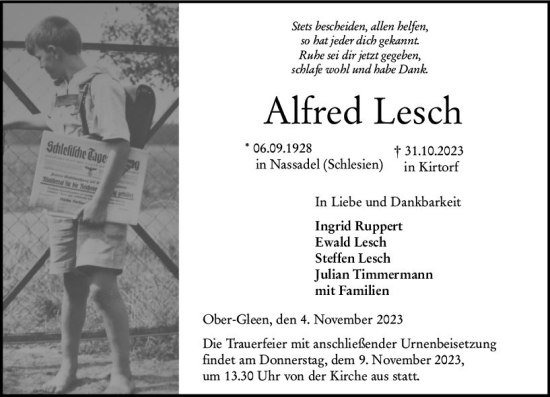 Traueranzeige von Alfred Lesch von VRM Trauer