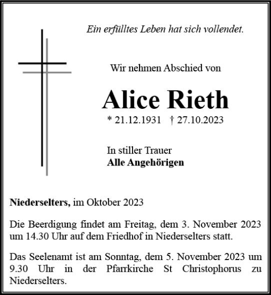 Traueranzeige von Alice Rieth von Camberger Anzeiger