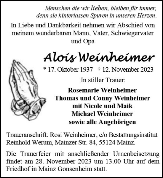Traueranzeige von Alois Weinheimer von Allgemeine Zeitung Mainz