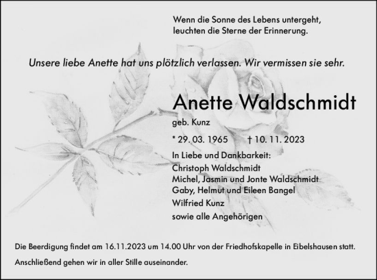 Traueranzeige von Anette Waldschmidt von Dill Block