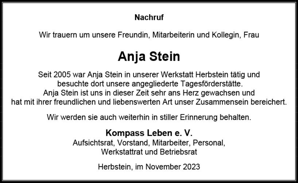  Traueranzeige für Anja Stein vom 23.11.2023 aus VRM Trauer