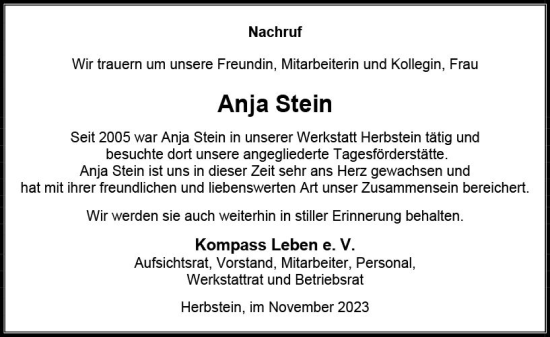 Traueranzeige von Anja Stein von VRM Trauer