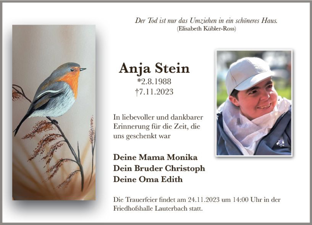  Traueranzeige für Anja Stein vom 15.11.2023 aus VRM Trauer