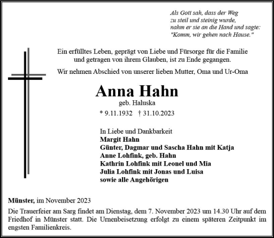 Traueranzeige von Anna Hahn von Weilburger Tageblatt
