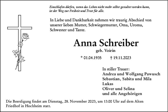 Traueranzeige von Anna Schreiber von Hochheimer Zeitung