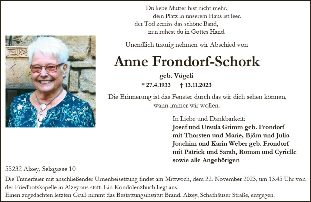  Traueranzeige für Anne Frondorf-Schock vom 18.11.2023 aus Allgemeine Zeitung Alzey