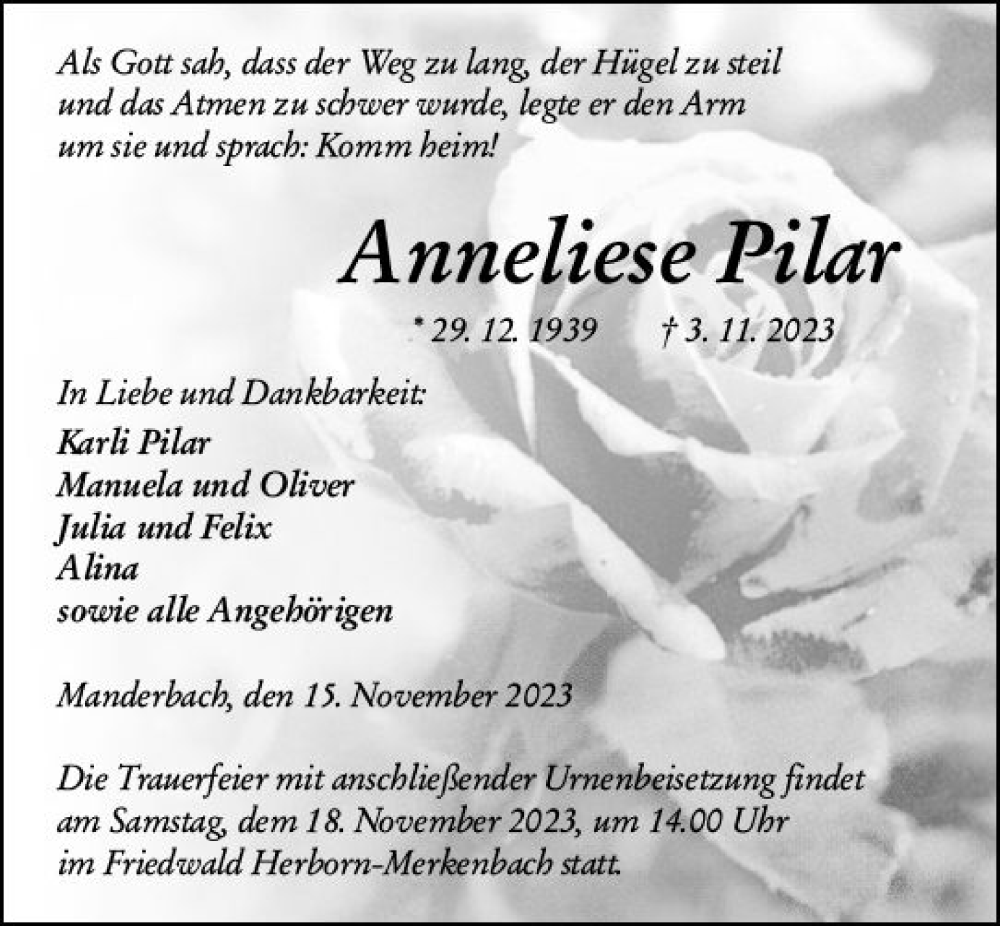  Traueranzeige für Anneliese Pilar vom 15.11.2023 aus Dill Block