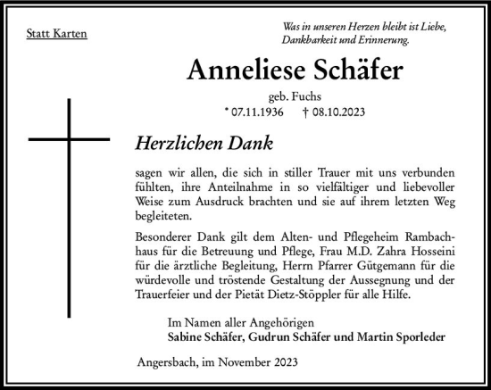 Traueranzeige von Anneliese Schäfer von Oberhessen Kurier