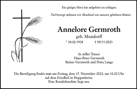 Traueranzeige von Annelore Germroth von Wormser Zeitung