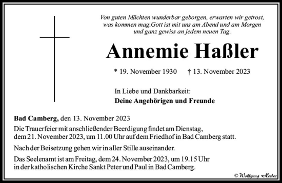 Traueranzeige von Annemie Haßler von Camberger Anzeiger
