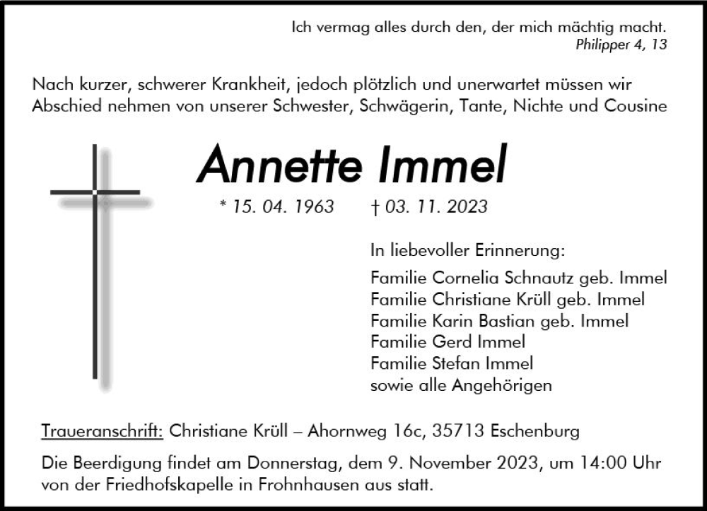  Traueranzeige für Annette Immel vom 06.11.2023 aus Dill Block
