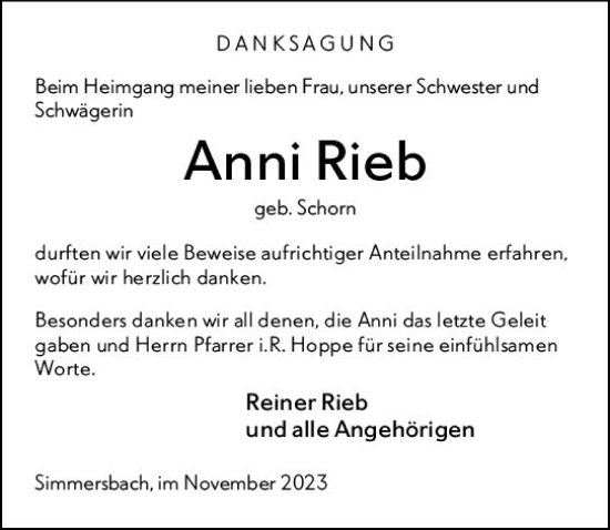 Traueranzeige von Anni Rieb von Hinterländer Anzeiger