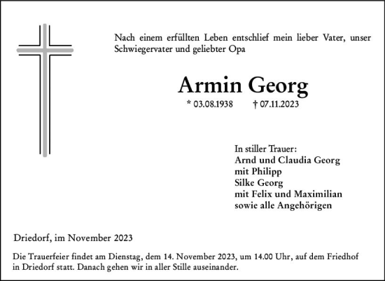 Traueranzeige von Armin Georg von Dill Block