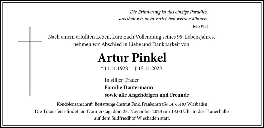  Traueranzeige für Artur Pinkel vom 18.11.2023 aus Wiesbadener Kurier