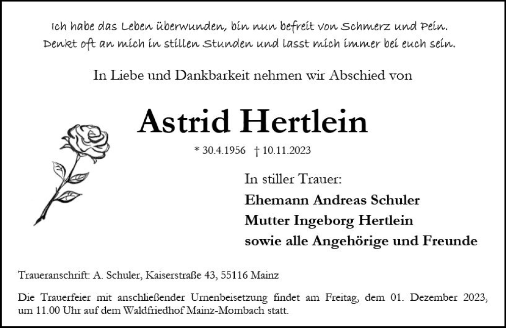  Traueranzeige für Astrid Hertlein vom 25.11.2023 aus Allgemeine Zeitung Mainz