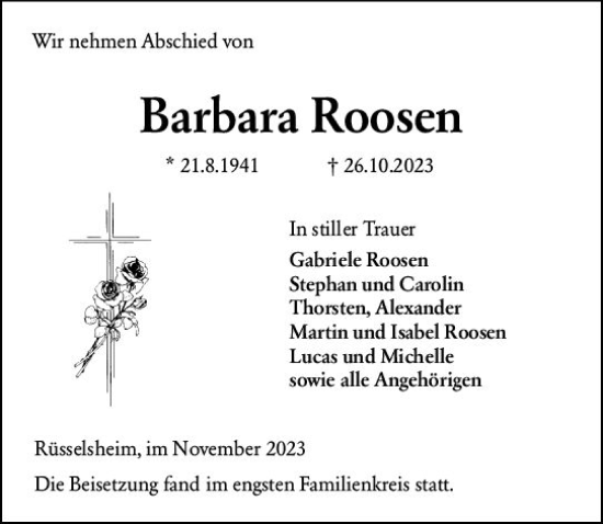 Traueranzeige von Barbara Roosen von Rüsselsheimer Echo