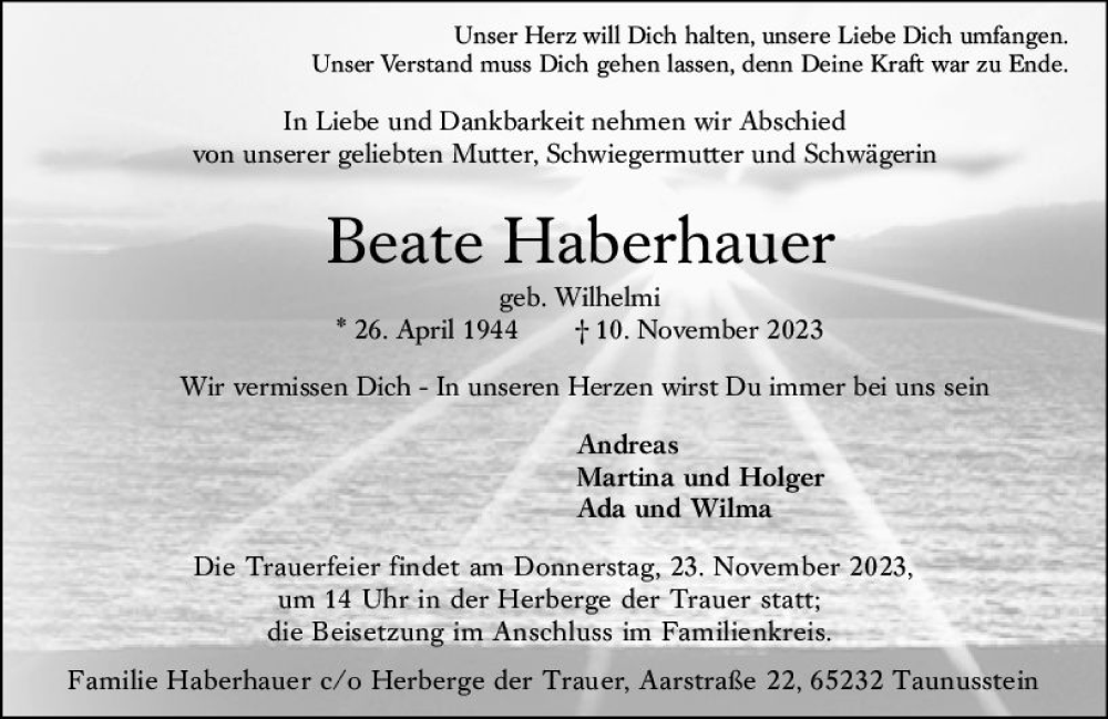  Traueranzeige für Beate Haberhauer vom 18.11.2023 aus Wiesbadener Kurier