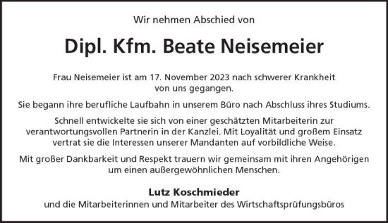 Traueranzeige von Beate Neisemeier von Wiesbadener Kurier