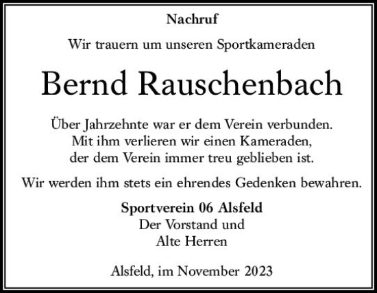 Traueranzeige von Bernd Rauschenbach von VRM Trauer