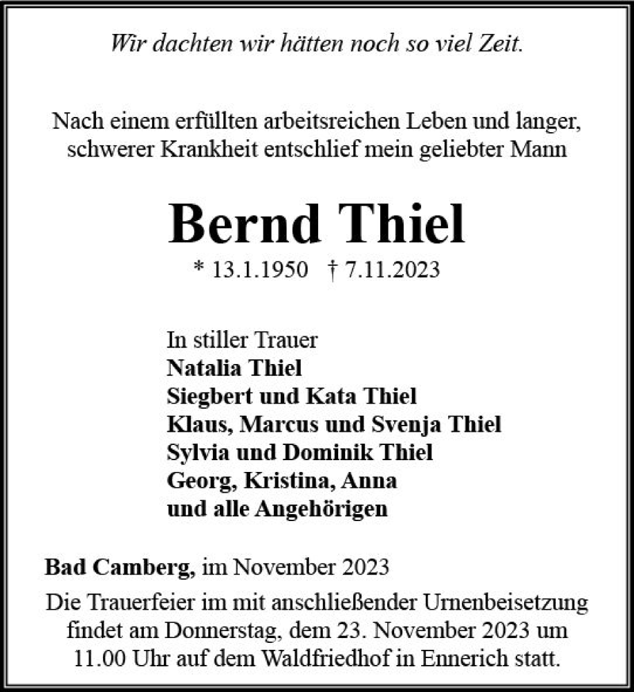  Traueranzeige für Bernd Thiel vom 23.11.2023 aus Camberger Anzeiger